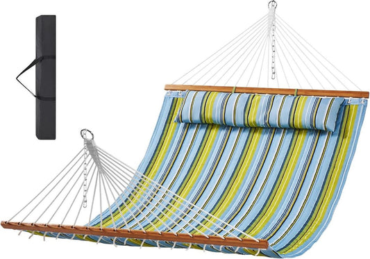 Hangmat met spreidstok - Dubbele gewatteerde stoffen - 12 ft - Hardhouten spreidstangen - 2 persoons - Afneembaar kussen - Ketens - Camping - Outdoor - Patio - Tuin - Strand Hangmat met spreidstok