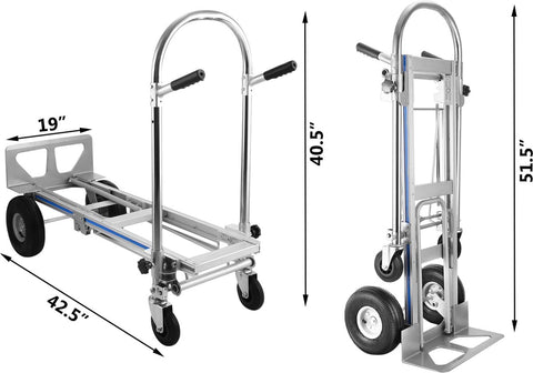 Hand Trolley - 3 in 1 - Aluminium - Twee 10 inch Luchtbanden en Twee - 5 inch Wielen -1 Neusplaat - voor Thuis, Industrieel, Kantoor, School, Werkplaats, Magazijn, Fabriek, Levering - Zilver