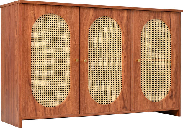 Dressoir - Walnoot - met 3 Deuren - Veel Opbergruimte - Kunstrotan Deuren - en Metalen Handgrepen is een Accentstuk in de Eetkamer - Woonkamer en Keuken.