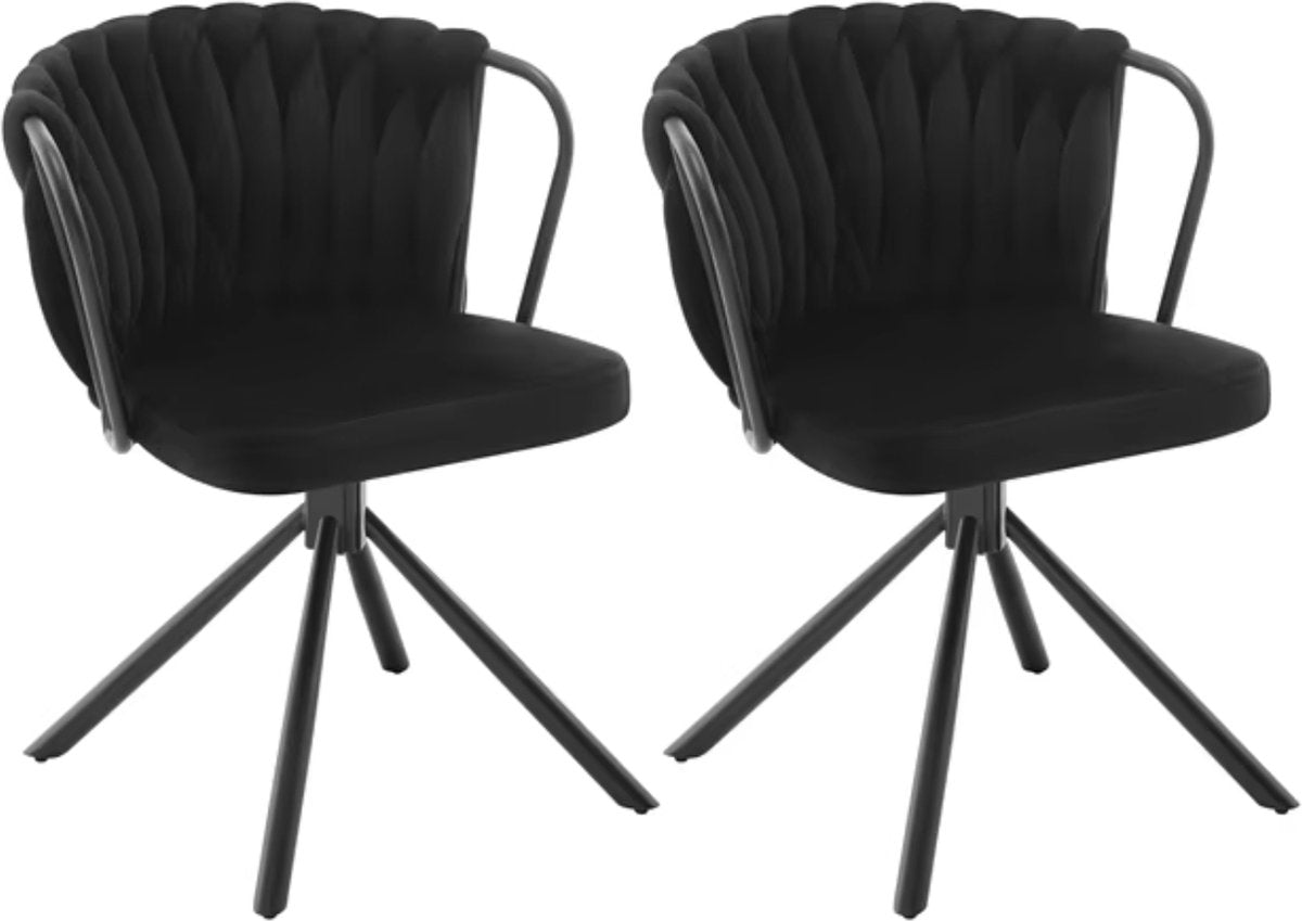 Eetkamerstoel - Set van 2 stoelen - Fluweel eetkamer stoel - Eettafel stoel - Fauteuil - Velvet - Armleuning - Draaibaar - Zwarte Poot - Zwart