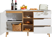 Moderne witte dressoirkast – 140x40x80,5 cm – Opbergkast met 3 lades, open compartimenten en planken – Dressoir met kantelbeveiliging – Voor woonkamer, hal of slaapkamer