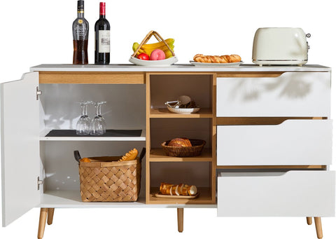 Moderne witte dressoirkast – 140x40x80,5 cm – Opbergkast met 3 lades, open compartimenten en planken – Dressoir met kantelbeveiliging – Voor woonkamer, hal of slaapkamer