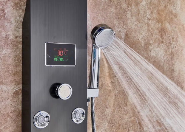 Douchekraan - Regendouche - Douchekop - Douchepaneel - 6 in 1 - Regendouche - Waterval douche - Kraan - Bidet - Massage jet - Handdouche - Waterstroom gevoed - Verlichting en LED display - Zwart