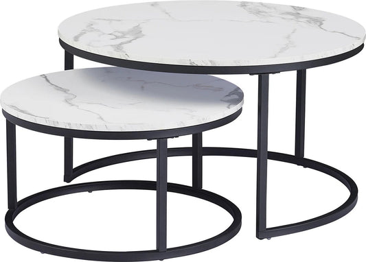 Salontafel - Set van 2 - 80x60 cm - Zwart - Ronde Salontafel - Marmer Blad - IJzeren Onderstel - Salontafel Rond - Salontafels