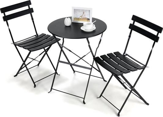Bistroset 2 Persoons - Tuintafel Rond - Opvouwbaar - Inklapbaar - Hoogwaardig en Duurzaam Metaal - Tuinmeubelen - Tuinstoelen - Zwart