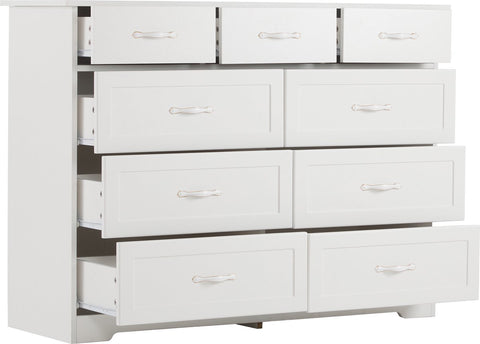 Witte Ladekast met 9 Lades – Grote Opbergkast 120x40x88 cm – Gelakt Halmeubel met Golvend Design en Slagvaste Hoeken – Voor Woonkamer, Badkamer of Slaapkamer
