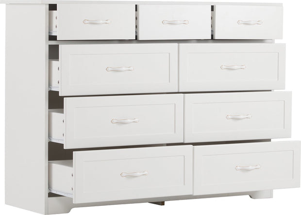 Witte Ladekast met 9 Lades – Grote Opbergkast 120x40x88 cm – Gelakt Halmeubel met Golvend Design en Slagvaste Hoeken – Voor Woonkamer, Badkamer of Slaapkamer