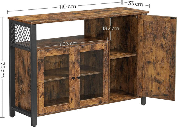 Dressoir, Keukenkast, Opbergkast met 3 deuren voor Woonkamer - Keuken, Eetkamer - 110 x 33 x 75 cm - Industriële stijl - 110 x 33 x 75 cm - Vintage Bruin Zwart