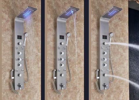 Shower faucet - Rain shower - Shower head - Shower panel - 6 in 1 - Rain shower - Waterfall shower - Faucet - Bidet - Massage jet - Hand shower - Water flow fed - Lighting and LED display - Brushed nickel