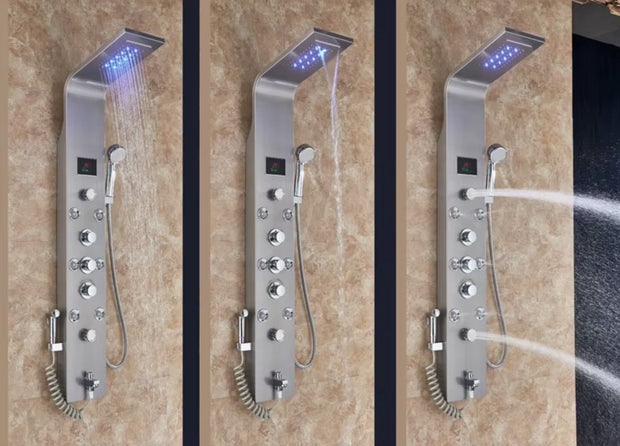 Shower faucet - Rain shower - Shower head - Shower panel - 6 in 1 - Rain shower - Waterfall shower - Faucet - Bidet - Massage jet - Hand shower - Water flow fed - Lighting and LED display - Brushed nickel