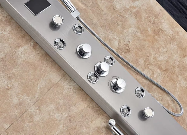 Shower faucet - Rain shower - Shower head - Shower panel - 6 in 1 - Rain shower - Waterfall shower - Faucet - Bidet - Massage jet - Hand shower - Water flow fed - Lighting and LED display - Brushed nickel