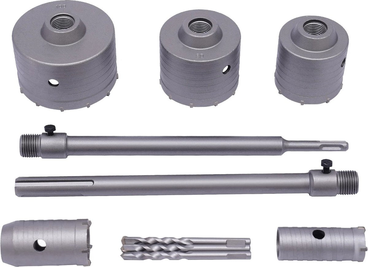 Betonborenset Pro7 - Professionele Beton Boren - 9 Delig - SDS Plus en Max Adapter - Ø 30-40-65-80-100mm - Premium Staal