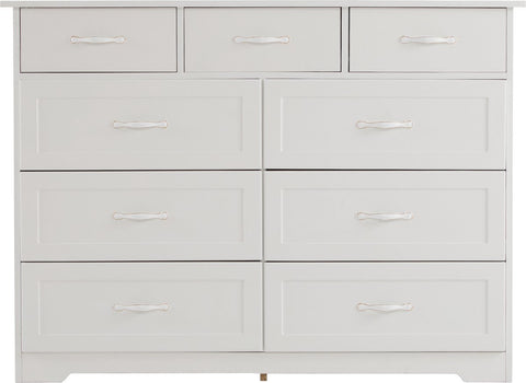 Witte Ladekast met 9 Lades – Grote Opbergkast 120x40x88 cm – Gelakt Halmeubel met Golvend Design en Slagvaste Hoeken – Voor Woonkamer, Badkamer of Slaapkamer