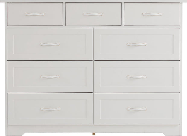 Witte Ladekast met 9 Lades – Grote Opbergkast 120x40x88 cm – Gelakt Halmeubel met Golvend Design en Slagvaste Hoeken – Voor Woonkamer, Badkamer of Slaapkamer