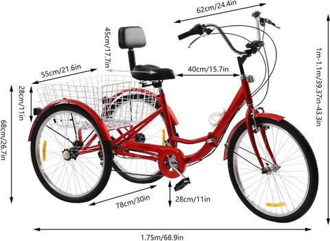 Driewieler - Geschikt voor Volwassenen - Inclusief Fietsmand- 24 Inch - 7 Versnellingen - Opvouwbaar - Met LED Verlichting - Rood