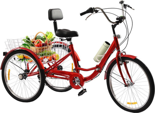 Driewieler - Geschikt voor Volwassenen - Inclusief Fietsmand- 24 Inch - 7 Versnellingen - Opvouwbaar - Met LED Verlichting - Rood - QUORE