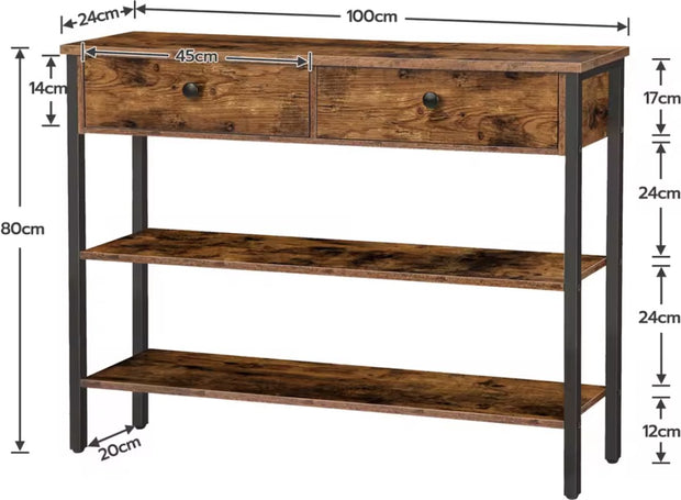 Sidetable - Smalle tafel - Smalle kast - Vakkenkast - Industrieel - Met 2 kleppen - Hout en Metaal - Bruin/Zwart - 100x24x80cm