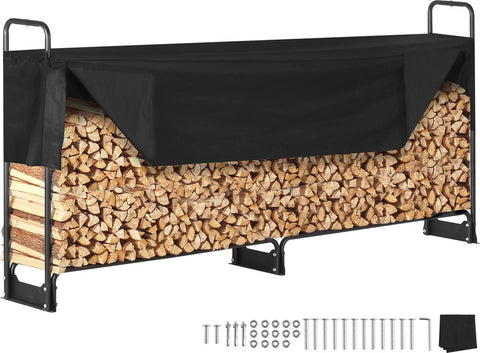 Brandhoutrek Metaal - met Waterdichte Hoes - Stalen Frame - Gepoedercoat - Haardhout Opslag - 300kg Draagvermogen - Binnen en Buiten - 259x36x117cm - Zwart