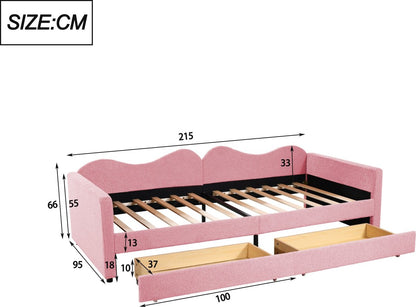 Kinderbed - Slaapbank met 2-laden - Teddybeerbedframe - Multifunctioneel Zacht -  Bed Met Rugleuning en Armleuningen -  90*200 cm - Roze  Jeugdbed -  (Ween matras)