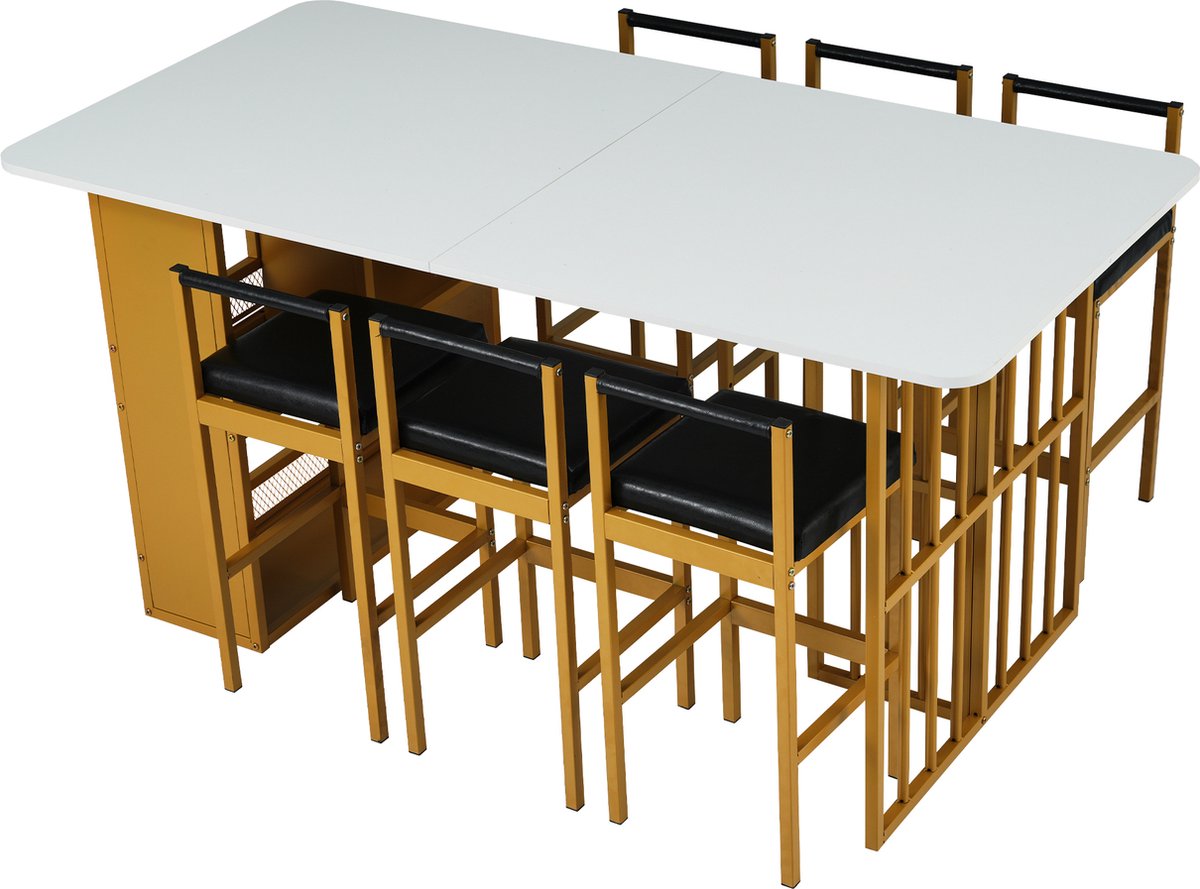 Opvouwbare Eettafel - Multifunctionele Uitschuifbare Eettafel - Beweegbare Eettafel - Uitschuifbare Eettafel met Lades - Eettafel in 3-Vorm - Wit en Goud