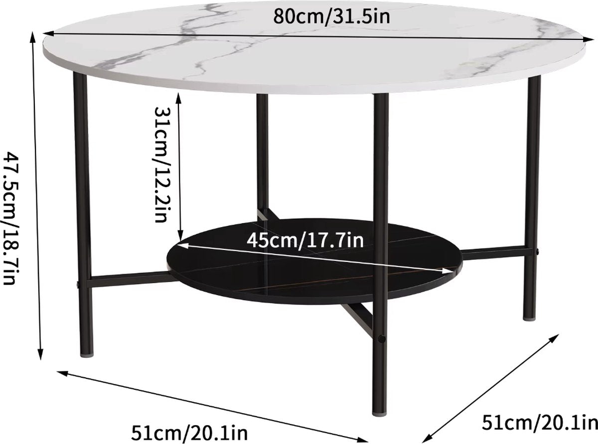 Salontafel - Ronde salontafel - Gesinterd steen - Marmerlook - 2 laags - Wit/Zwart - 80cm