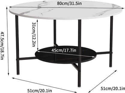 Salontafel - Ronde salontafel - Gesinterd steen - Marmerlook - 2 laags - Wit/Zwart - 80cm