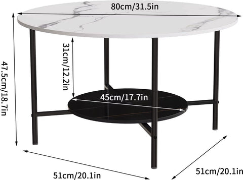 Salontafel - Ronde salontafel - Gesinterd steen - Marmerlook - 2 laags - Wit/Zwart - 80cm