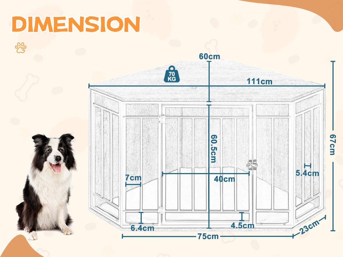 Hondenkennel Hoek - Hoekvormige Honden Bench - Dierenkennel - Bench Hond - Bench Kat - Honden Kussen - Hoek Bench - Bijzet Tafel Bench - Honden Hok - Binnen Kennel - Hout - 111x67x60CM - Grote Honden Kennel Met Hout - QUORE