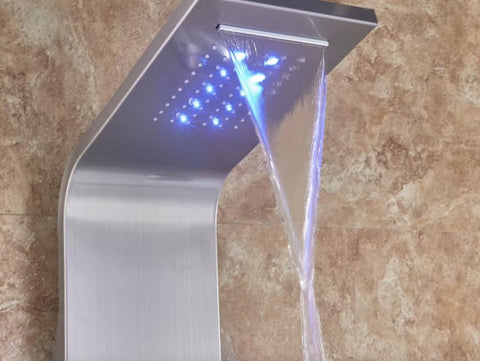 Shower faucet - Rain shower - Shower head - Shower panel - 6 in 1 - Rain shower - Waterfall shower - Faucet - Bidet - Massage jet - Hand shower - Water flow fed - Lighting and LED display - Brushed nickel
