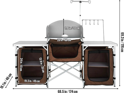 Campingkeuken - Buitenkeuken - Inklapbaar - 174x110x46cm - Campingkast - Incl. Opbergtas - Buiten Kooktafel met Opbergtas - Aluminium Kookstation met 3 Kasten - Afneembaar Windscherm - Bruin