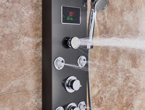 Douchekraan - Regendouche - Douchekop - Douchepaneel - 6 in 1 - Regendouche - Waterval douche - Kraan - Bidet - Massage jet - Handdouche - Waterstroom gevoed - Verlichting en LED display - Zwart
