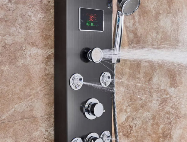 Douchekraan - Regendouche - Douchekop - Douchepaneel - 6 in 1 - Regendouche - Waterval douche - Kraan - Bidet - Massage jet - Handdouche - Waterstroom gevoed - Verlichting en LED display - Zwart