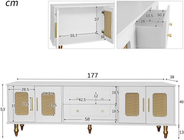 Lowboard - Tv-Meubel in Retrostijl - Gouden Handgrepen - Veel Opbergruimte - Met Rotan Deur - en Metalen Poten - Wit