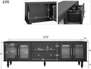 Lowboard - Tv-Meubel in Retrostijl - Gouden Handgrepen - Veel Opbergruimte - Met Glazen deur - en Massief Houten Poten - Zwart