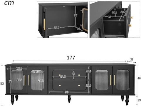 Lowboard - Tv-Meubel in Retrostijl - Gouden Handgrepen - Veel Opbergruimte - Met Glazen deur - en Massief Houten Poten - Zwart