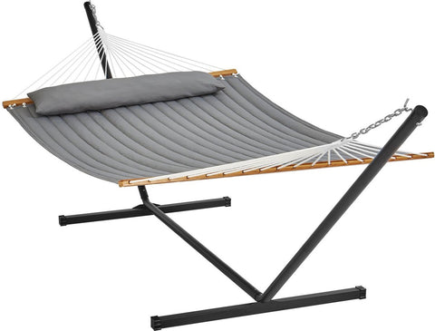 Hangmat met Standaard - Stalen kettingen - Grijs verdikt doek met Kussen - 2 Persoons - 376x105x140cm - Max 210kg