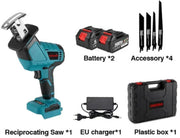 Reciprozaag - Recipro Zaag - Elektrische Recipro Zaag - Met Opbergkoffer - Inclusief: 2x Accu, Oplader & 4x Zaag - Lock/Switch - Makkelijk Verwisselbaar -Blauw