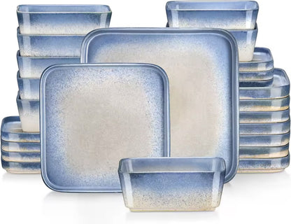 Serviesset wit/blauw - Keramisch - Vierkant - Nevel - 8 borden groot - 8 borden klein - 8 kom - 24 delig - Wit - Blauw