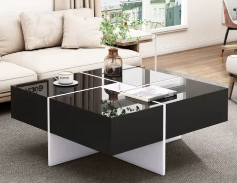 Salontafel - Hoogglans salontafel - Vierkant salontafel - 4 Lades - Uitschuifbaar - Hoogglans zwart - 70x70x35cm