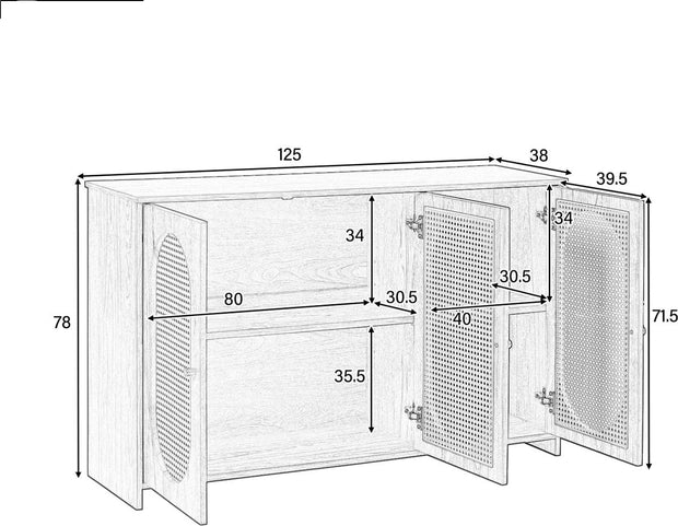 Dressoir - Zwart - met 3 Deuren - Veel Opbergruimte - Kunstrotan Deuren en Metalen Handgrepen - is een Accentstuk in de Eetkamer - Woonkamer en Keuken