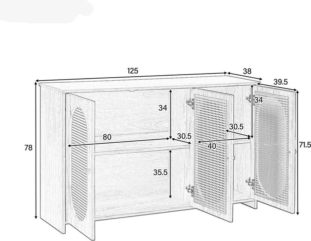 Dressoir - Wit - met 3 Deuren - Veel Opbergruimte - Kunstrotan Deuren en Metalen Handgrepen - is een Accentstuk in de Eetkamer - Woonkamer en Keuken