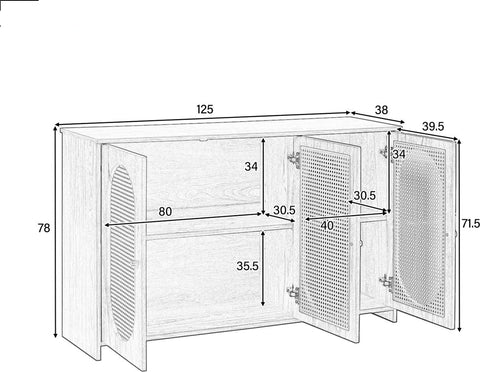 Dressoir - Walnoot - met 3 Deuren - Veel Opbergruimte - Kunstrotan Deuren - en Metalen Handgrepen is een Accentstuk in de Eetkamer - Woonkamer en Keuken.