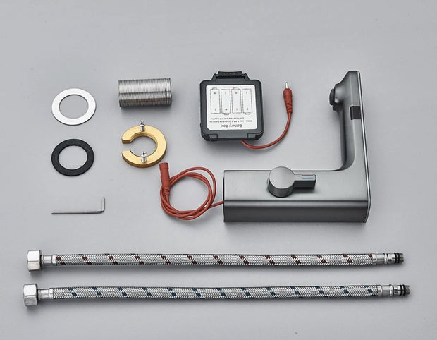 Washbasin Tap - Sensor control - Brushed gray - Digital LCD display - Cold and hot water - Mixer tap