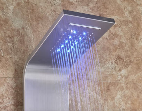Shower faucet - Rain shower - Shower head - Shower panel - 6 in 1 - Rain shower - Waterfall shower - Faucet - Bidet - Massage jet - Hand shower - Water flow fed - Lighting and LED display - Brushed nickel