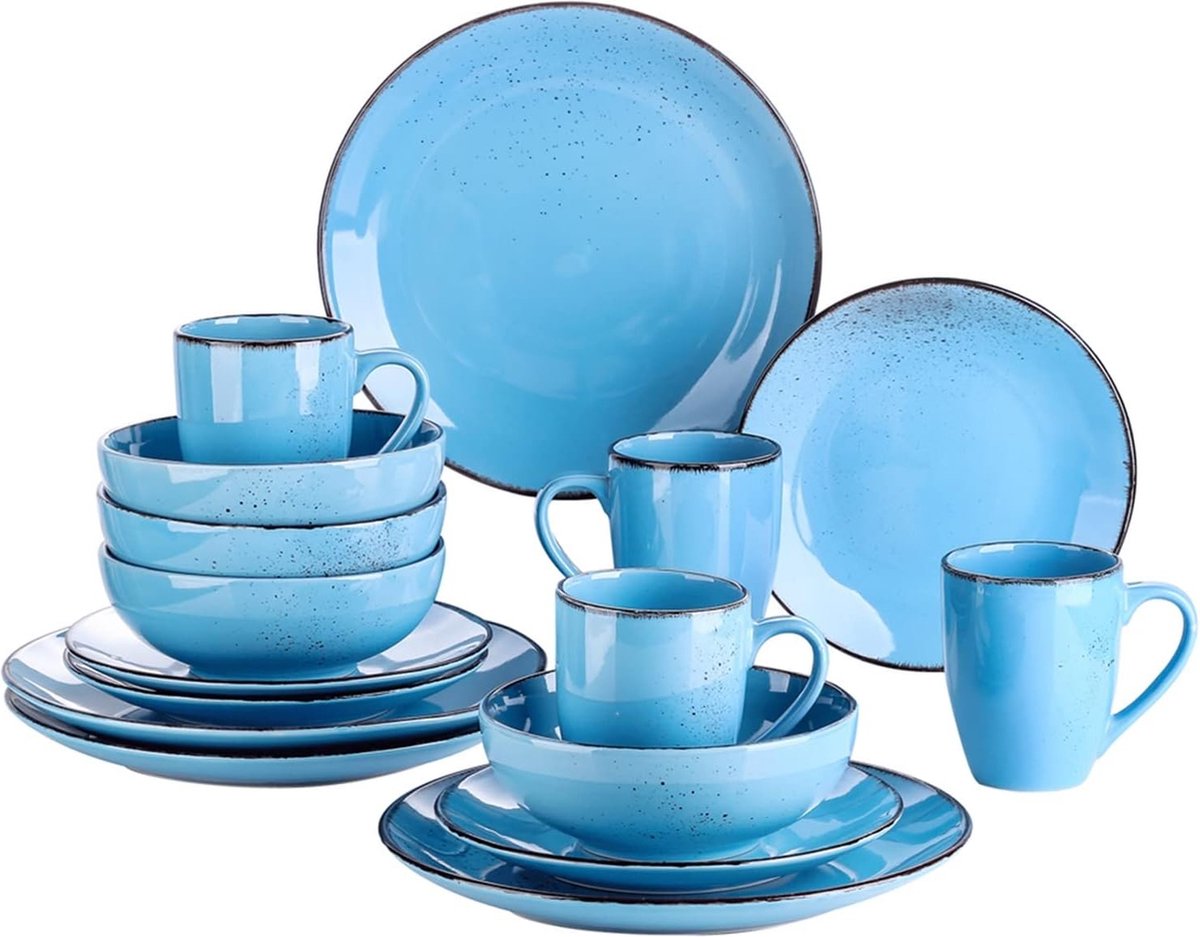 Luxe Serviesset- 16 Delig – 4 Persoons – Keramiek - Bordenset – Dinnerplaten – Dessertborden - Kommen - Mokken - Aquablauw