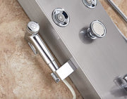 Shower faucet - Rain shower - Shower head - Shower panel - 6 in 1 - Rain shower - Waterfall shower - Faucet - Bidet - Massage jet - Hand shower - Water flow fed - Lighting and LED display - Brushed nickel