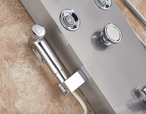 Shower faucet - Rain shower - Shower head - Shower panel - 6 in 1 - Rain shower - Waterfall shower - Faucet - Bidet - Massage jet - Hand shower - Water flow fed - Lighting and LED display - Brushed nickel