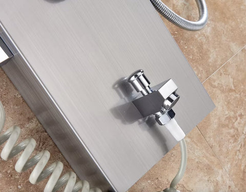 Shower faucet - Rain shower - Shower head - Shower panel - 6 in 1 - Rain shower - Waterfall shower - Faucet - Bidet - Massage jet - Hand shower - Water flow fed - Lighting and LED display - Brushed nickel