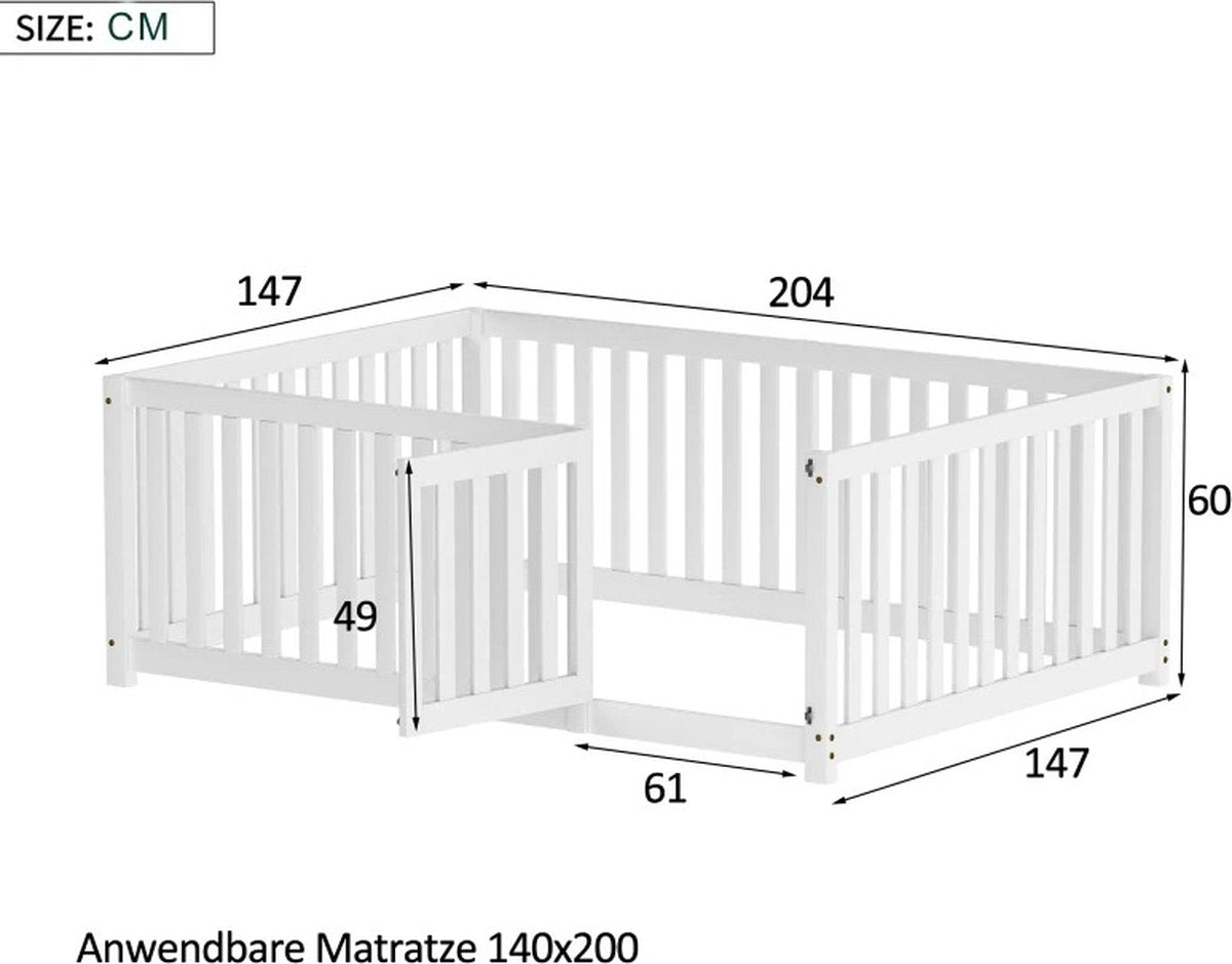 Toddler bed - Children's beds 90x200 - With gate and door - Modern design - Wooden frame - Single bed - Baby bed - Solid pine