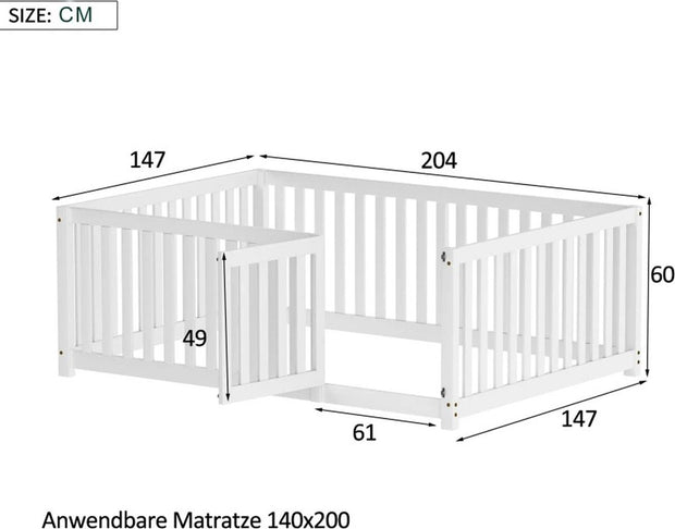 Peuterbed - Kinderbedden 90x200 - Met hek en deur - Modern design - Houten frame - Eenpersoonsbed - Babybedje - Massief grenen